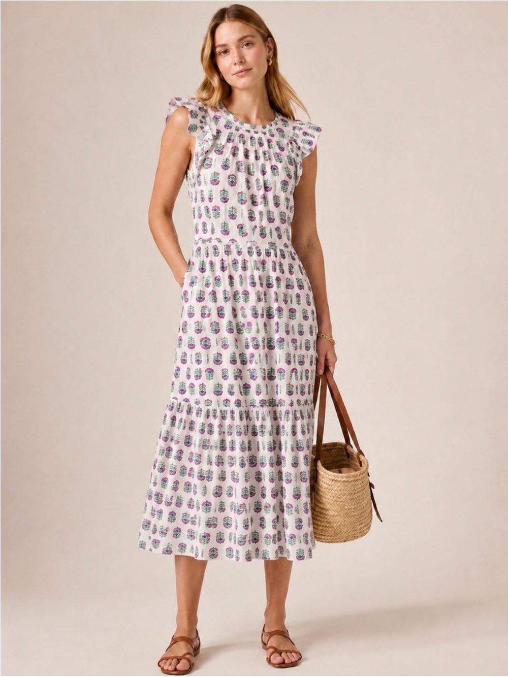 NWT JCrew Factory Block Print Tiered Midi Cotton Summer Dress